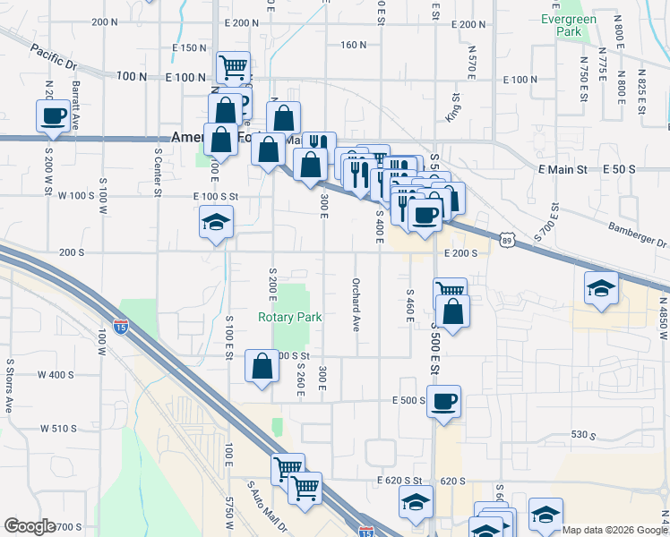 map of restaurants, bars, coffee shops, grocery stores, and more near 211 South 300 East in American Fork
