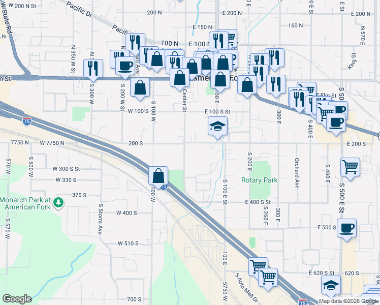 map of restaurants, bars, coffee shops, grocery stores, and more near 10 East 200 South in American Fork