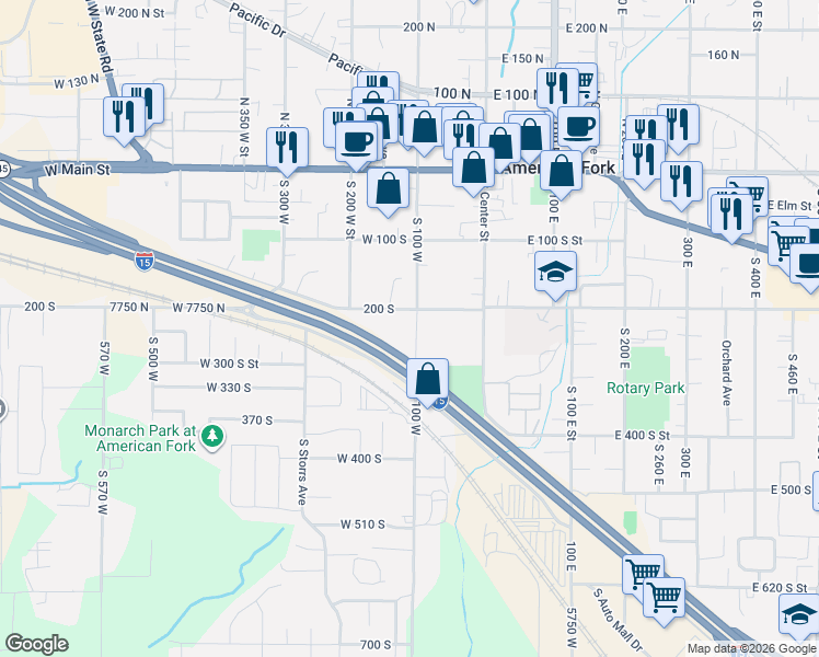 map of restaurants, bars, coffee shops, grocery stores, and more near 209 100 West in American Fork