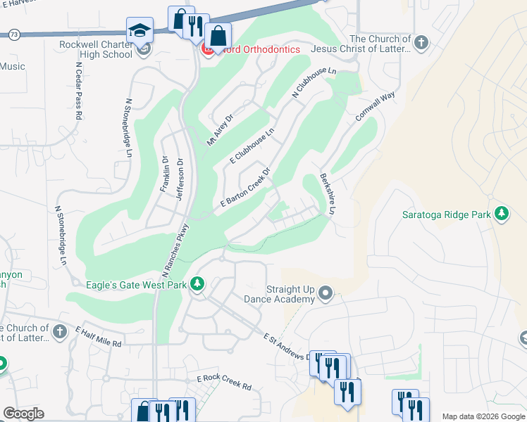 map of restaurants, bars, coffee shops, grocery stores, and more near 3861 East Cunninghill Drive in Eagle Mountain