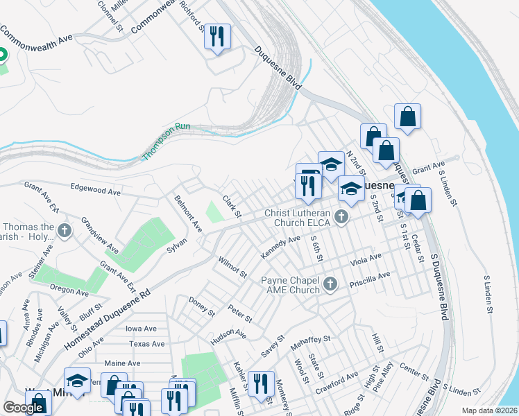 map of restaurants, bars, coffee shops, grocery stores, and more near 27 Erwin Street in Duquesne