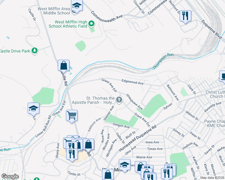 map of restaurants, bars, coffee shops, grocery stores, and more near 709 Grant Avenue Extension in West Mifflin