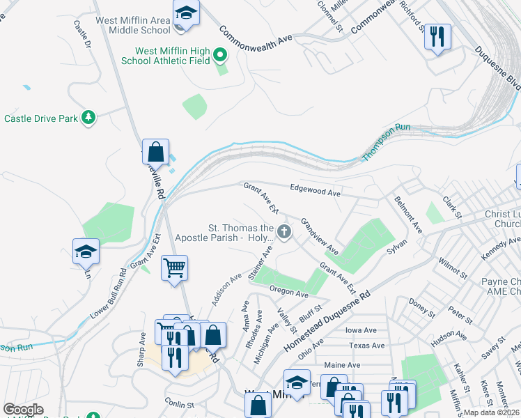 map of restaurants, bars, coffee shops, grocery stores, and more near 709 Grant Avenue Extension in West Mifflin