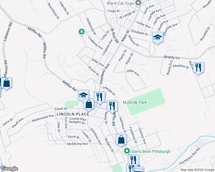 map of restaurants, bars, coffee shops, grocery stores, and more near 100 Parkside Drive in West Mifflin