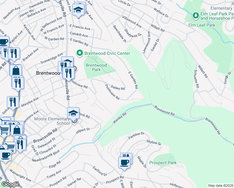map of restaurants, bars, coffee shops, grocery stores, and more near 410 Dailey Road in Pittsburgh