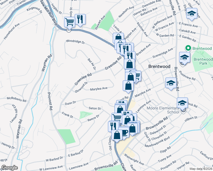 map of restaurants, bars, coffee shops, grocery stores, and more near 509 Glowood Drive in Pittsburgh