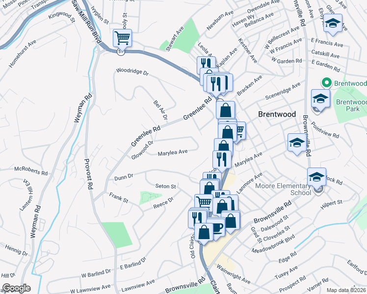 map of restaurants, bars, coffee shops, grocery stores, and more near 509 Glowood Drive in Pittsburgh