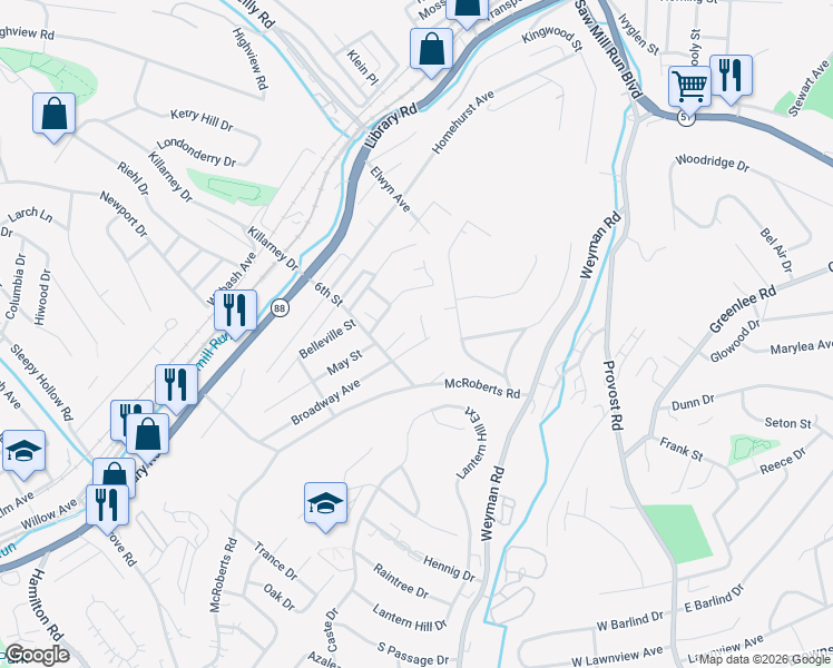 map of restaurants, bars, coffee shops, grocery stores, and more near 3036 Canbet Drive in Pittsburgh