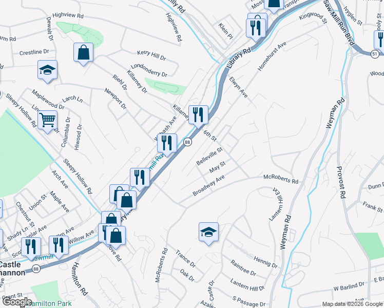 map of restaurants, bars, coffee shops, grocery stores, and more near 3121 Library Road in Pittsburgh