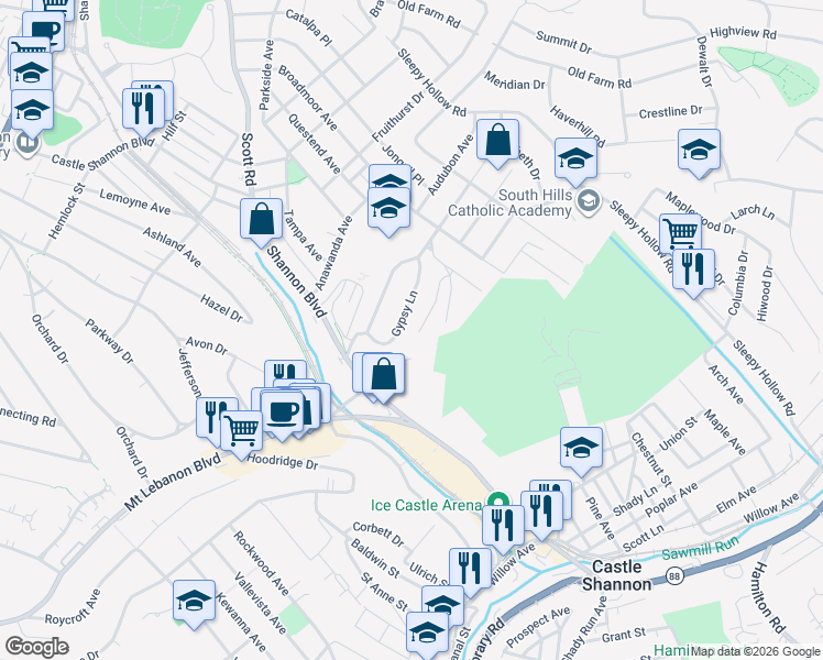 map of restaurants, bars, coffee shops, grocery stores, and more near 734 Gypsy Lane in Pittsburgh
