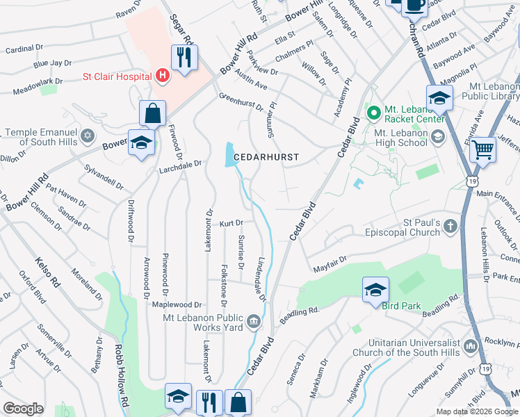 map of restaurants, bars, coffee shops, grocery stores, and more near 1069 Lindendale Drive in Pittsburgh