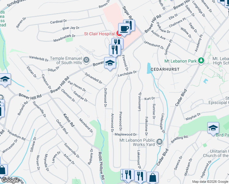 map of restaurants, bars, coffee shops, grocery stores, and more near 1151 Arrowood Drive in Pittsburgh