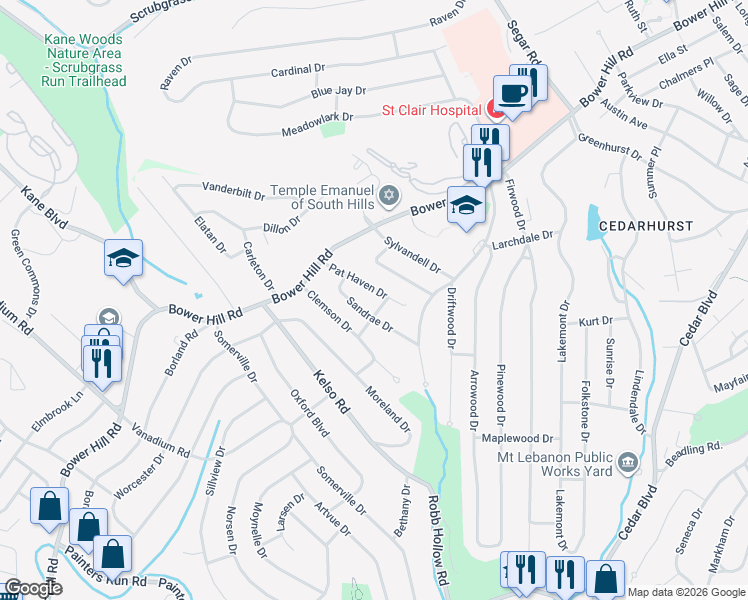 map of restaurants, bars, coffee shops, grocery stores, and more near 549 Pat Haven Drive in Pittsburgh