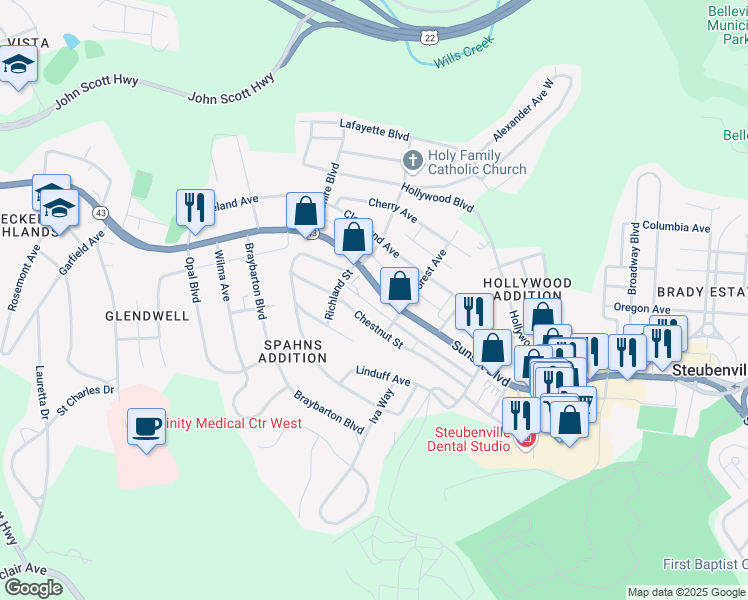 map of restaurants, bars, coffee shops, grocery stores, and more near 2516 Sunset Boulevard in Steubenville