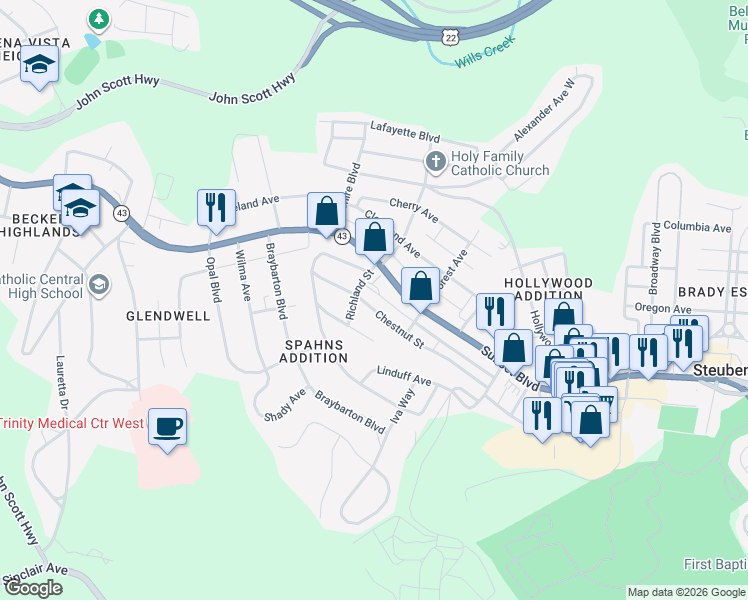 map of restaurants, bars, coffee shops, grocery stores, and more near 2516 Sunset Boulevard in Steubenville