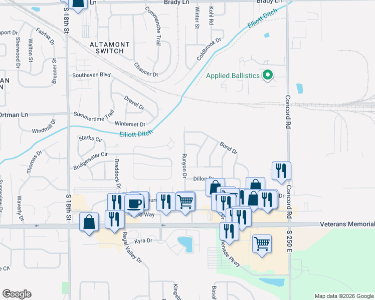 map of restaurants, bars, coffee shops, grocery stores, and more near 3122 Runyon Drive in Lafayette