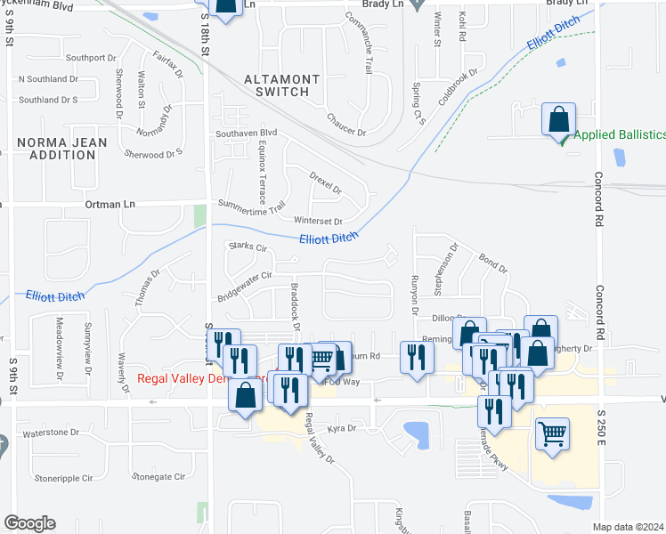 map of restaurants, bars, coffee shops, grocery stores, and more near 40 Bridgewater Court in Lafayette