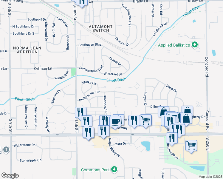 map of restaurants, bars, coffee shops, grocery stores, and more near 20 Bridgewater Court in Lafayette