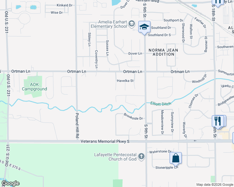 map of restaurants, bars, coffee shops, grocery stores, and more near 3615 Joallen Lane in Lafayette
