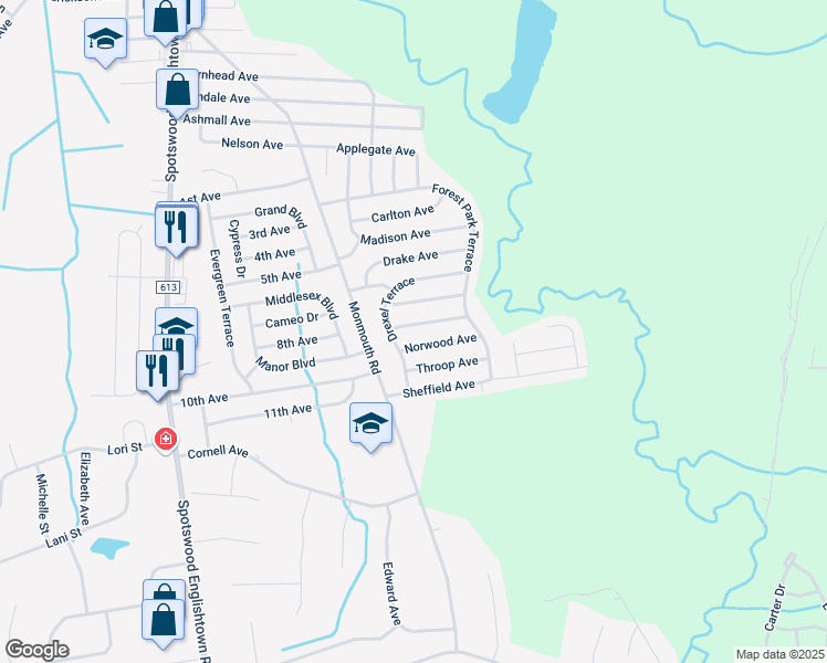 map of restaurants, bars, coffee shops, grocery stores, and more near 9 Hunterdon Avenue in Monroe Township