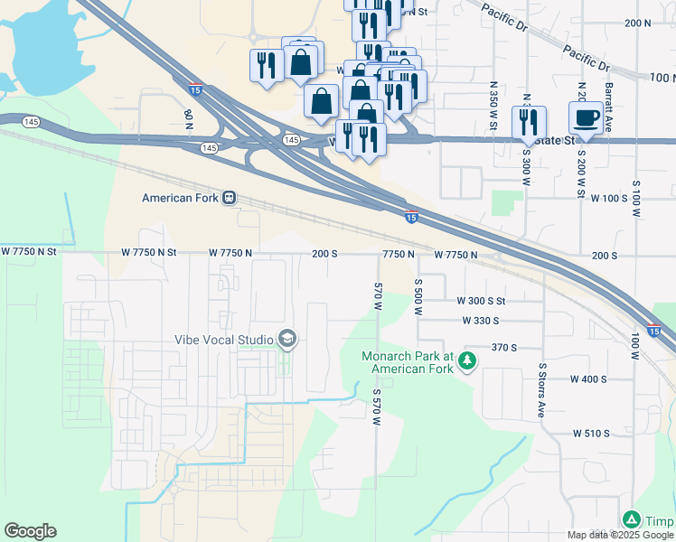 map of restaurants, bars, coffee shops, grocery stores, and more near 269 650 West in American Fork