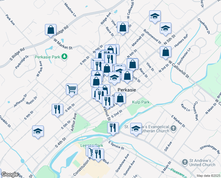 map of restaurants, bars, coffee shops, grocery stores, and more near 127 South 5th Street in Perkasie