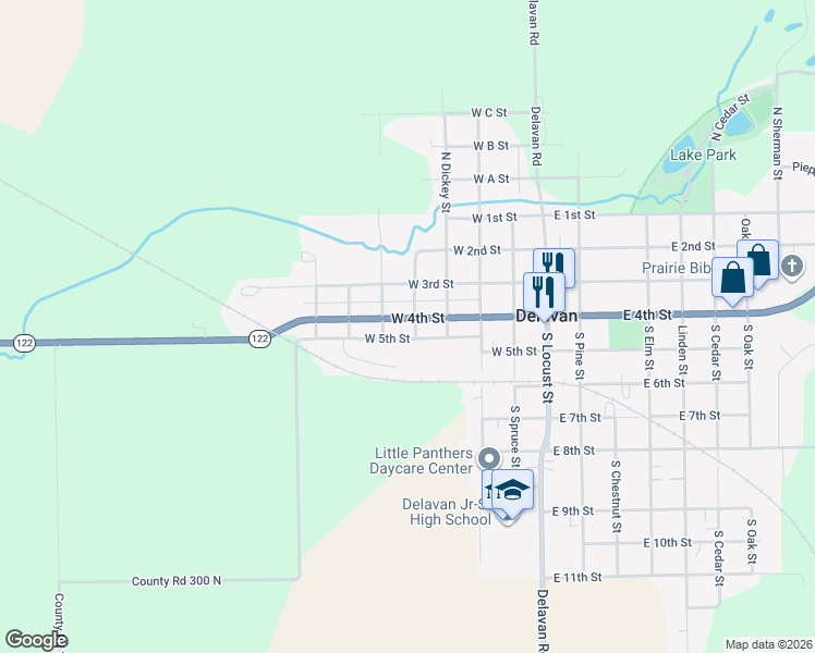 map of restaurants, bars, coffee shops, grocery stores, and more near 507-511 W 4th St in Delavan