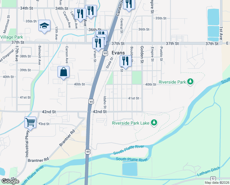 map of restaurants, bars, coffee shops, grocery stores, and more near 4010 Denver Street in Evans