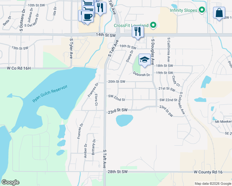 map of restaurants, bars, coffee shops, grocery stores, and more near 1308 Edwina Place in Loveland