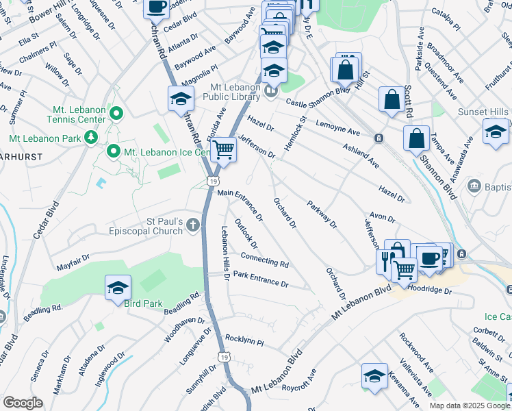 map of restaurants, bars, coffee shops, grocery stores, and more near 155 Main Entrance Drive in Pittsburgh