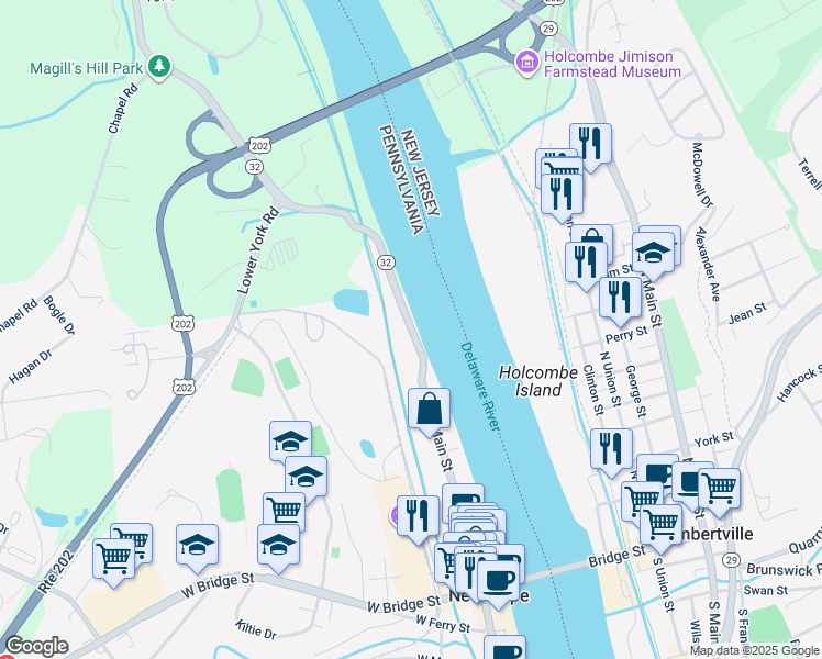 map of restaurants, bars, coffee shops, grocery stores, and more near 247 N Main St in New Hope