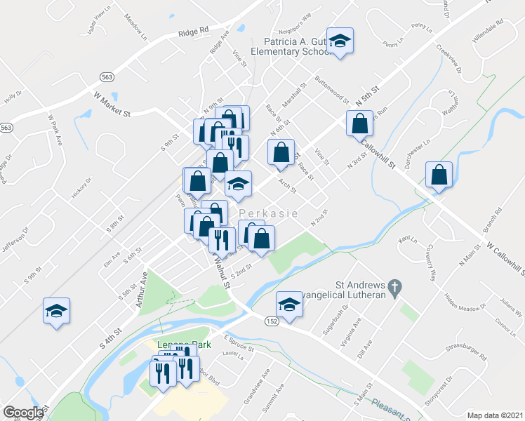map of restaurants, bars, coffee shops, grocery stores, and more near 2-98 S 4th St in Perkasie