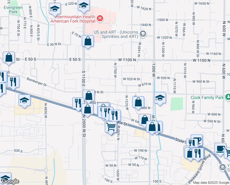 map of restaurants, bars, coffee shops, grocery stores, and more near 1735 West 800 North Street in Pleasant Grove
