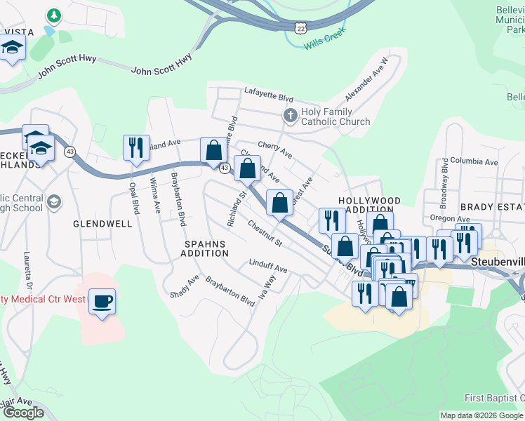 map of restaurants, bars, coffee shops, grocery stores, and more near 2516 Sunset Boulevard in Steubenville