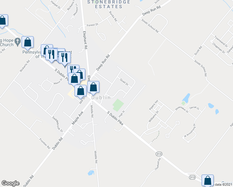 map of restaurants, bars, coffee shops, grocery stores, and more near 101 Fox Hollow Road in Dublin