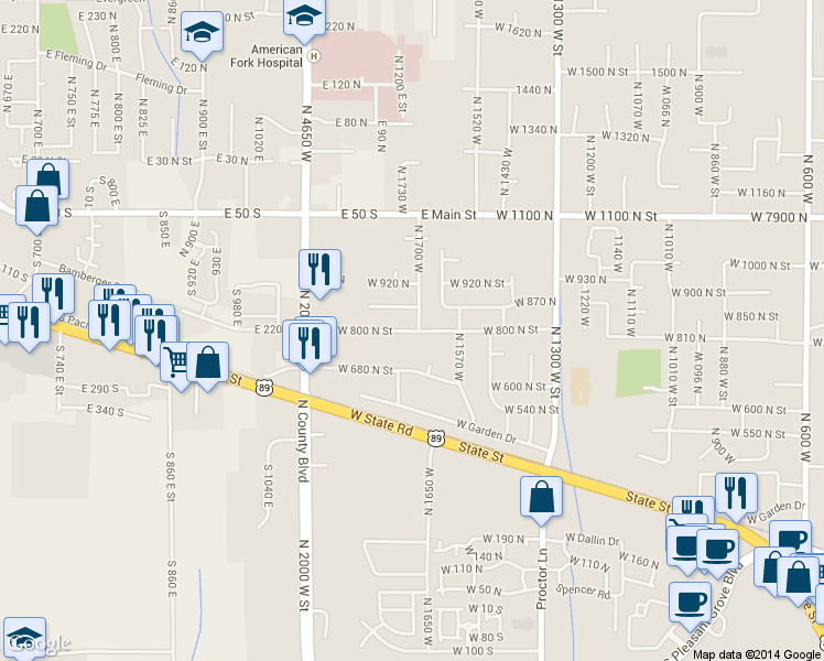 map of restaurants, bars, coffee shops, grocery stores, and more near 823 North 1700 West in Pleasant Grove