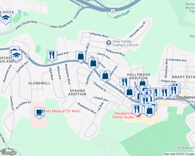 map of restaurants, bars, coffee shops, grocery stores, and more near 2516 Sunset Boulevard in Steubenville