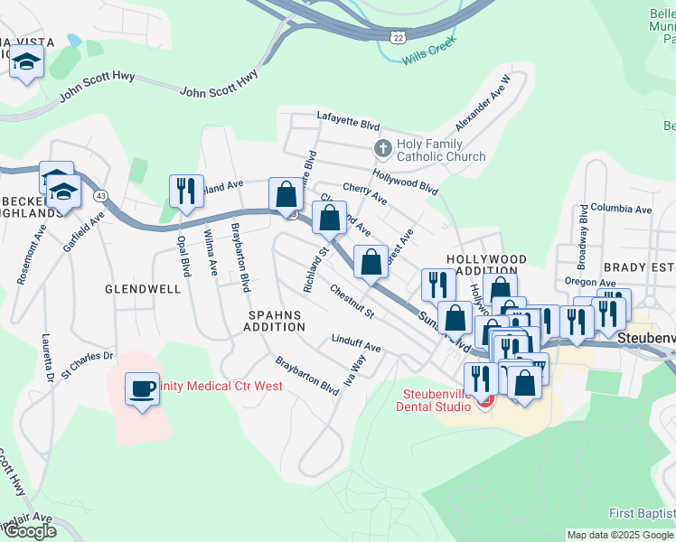 map of restaurants, bars, coffee shops, grocery stores, and more near 2516 Sunset Boulevard in Steubenville