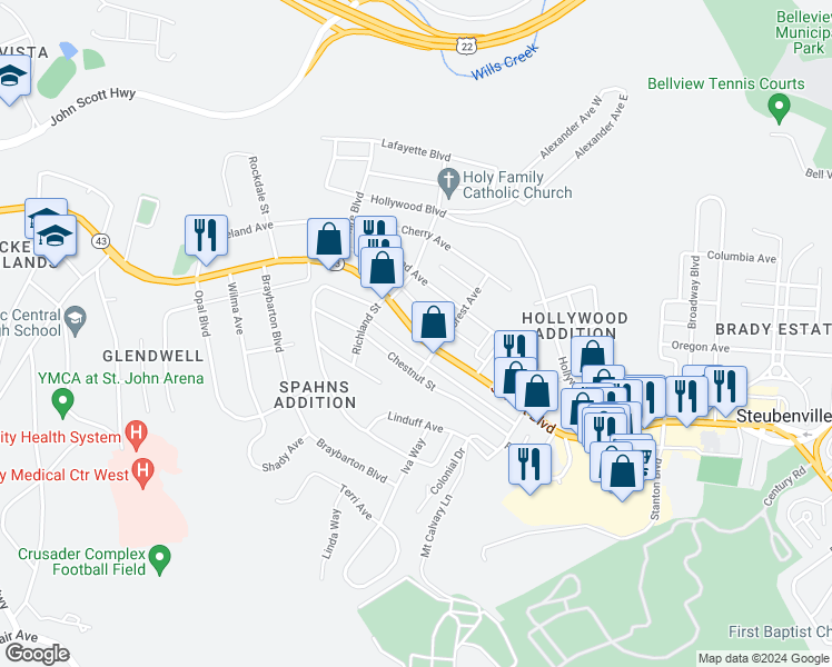 map of restaurants, bars, coffee shops, grocery stores, and more near 2501 Sunset Boulevard in Steubenville