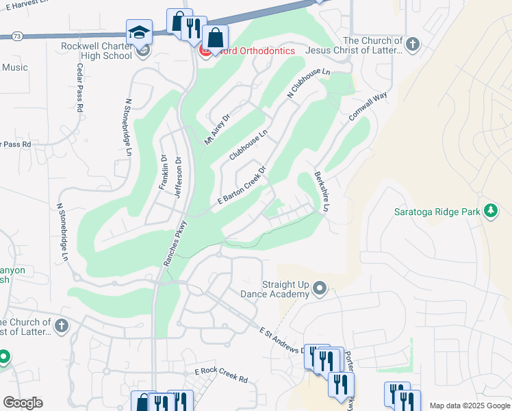 map of restaurants, bars, coffee shops, grocery stores, and more near 3861 East Cunninghill Drive in Eagle Mountain
