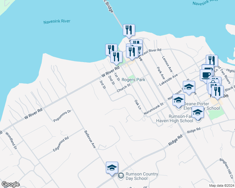 map of restaurants, bars, coffee shops, grocery stores, and more near 28 2nd Street in Rumson