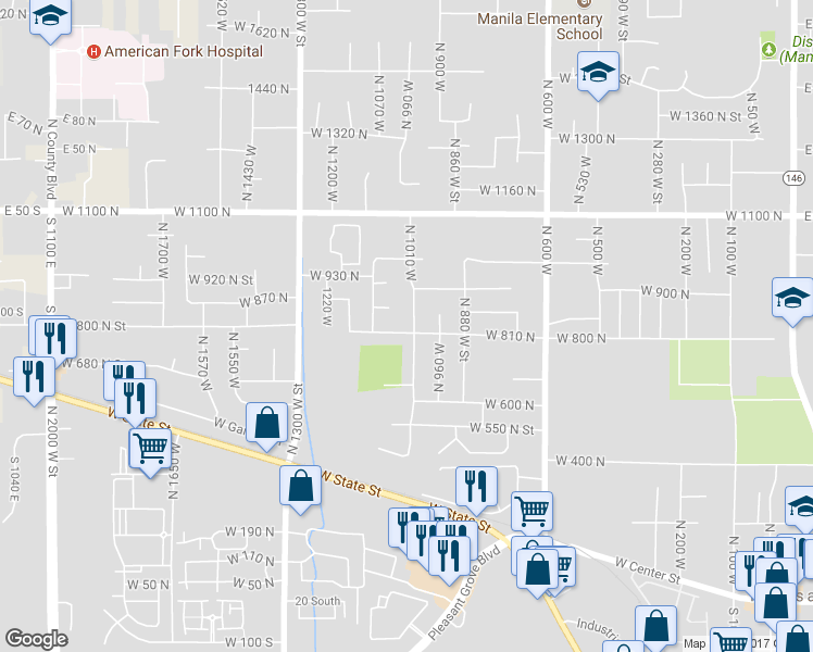 map of restaurants, bars, coffee shops, grocery stores, and more near 1014 West 810 North in Pleasant Grove