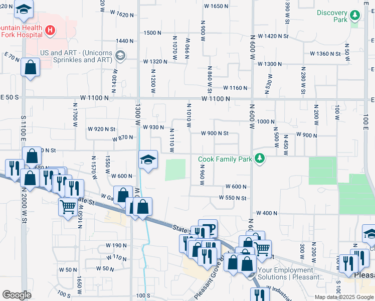 map of restaurants, bars, coffee shops, grocery stores, and more near 1014 West 810 North in Pleasant Grove