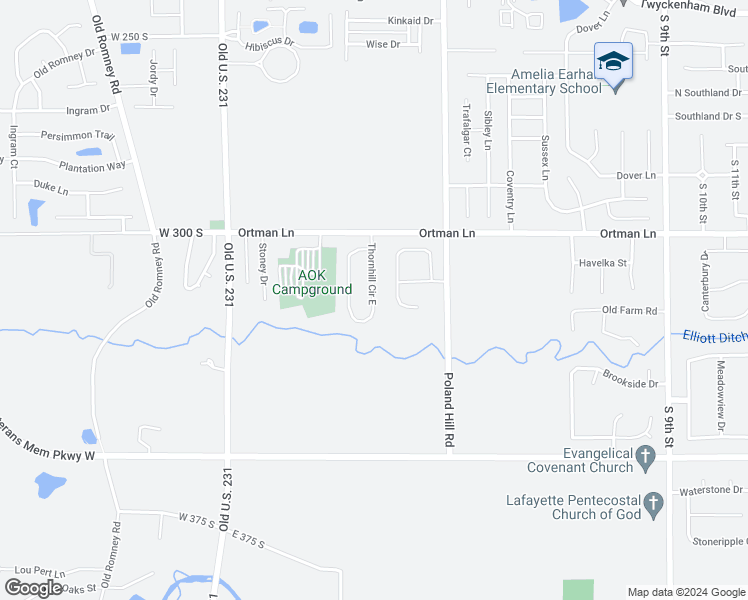 map of restaurants, bars, coffee shops, grocery stores, and more near 3613 Thornhill Circle East in Lafayette