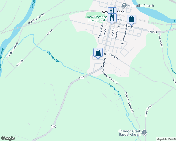 map of restaurants, bars, coffee shops, grocery stores, and more near 6041 Pennsylvania 711 in New Florence