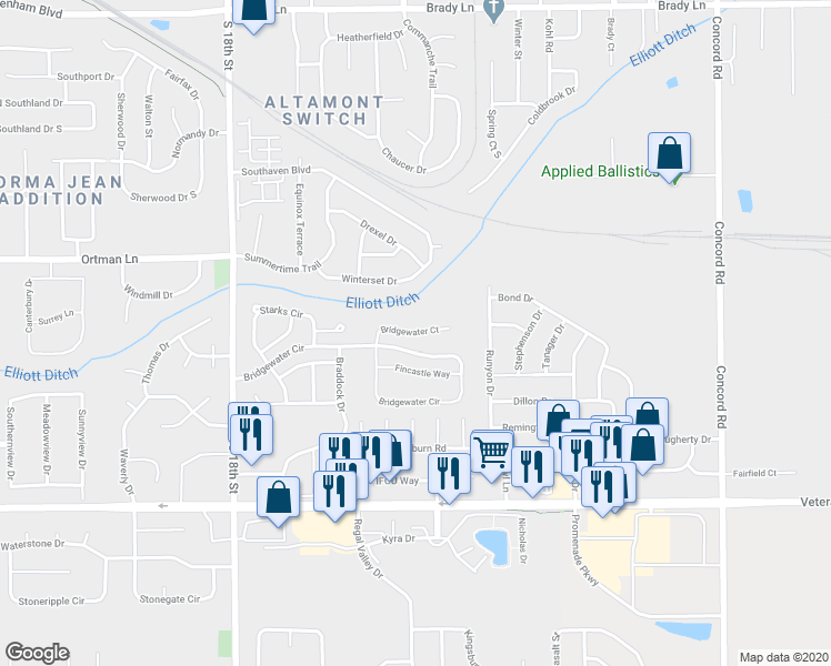 map of restaurants, bars, coffee shops, grocery stores, and more near 1701 Bridgewater Court in Lafayette