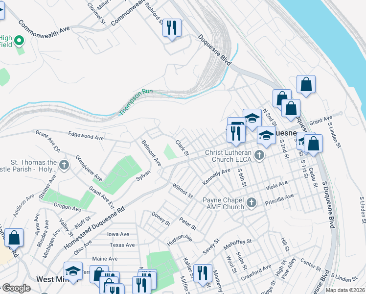 map of restaurants, bars, coffee shops, grocery stores, and more near 1015 Hero Street in Duquesne