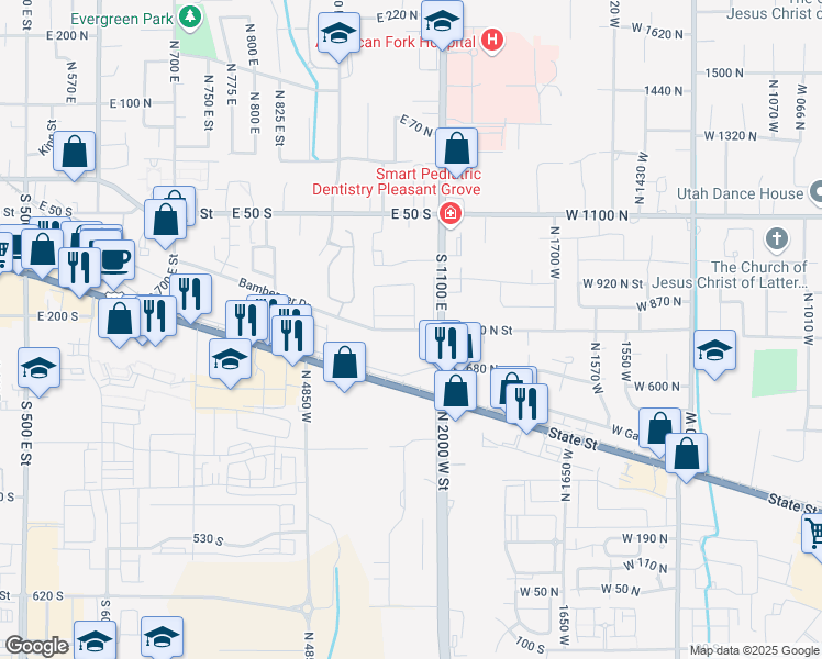 map of restaurants, bars, coffee shops, grocery stores, and more near 1050 Bamberger Drive in American Fork