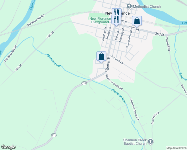 map of restaurants, bars, coffee shops, grocery stores, and more near 6041 Pennsylvania 711 in New Florence