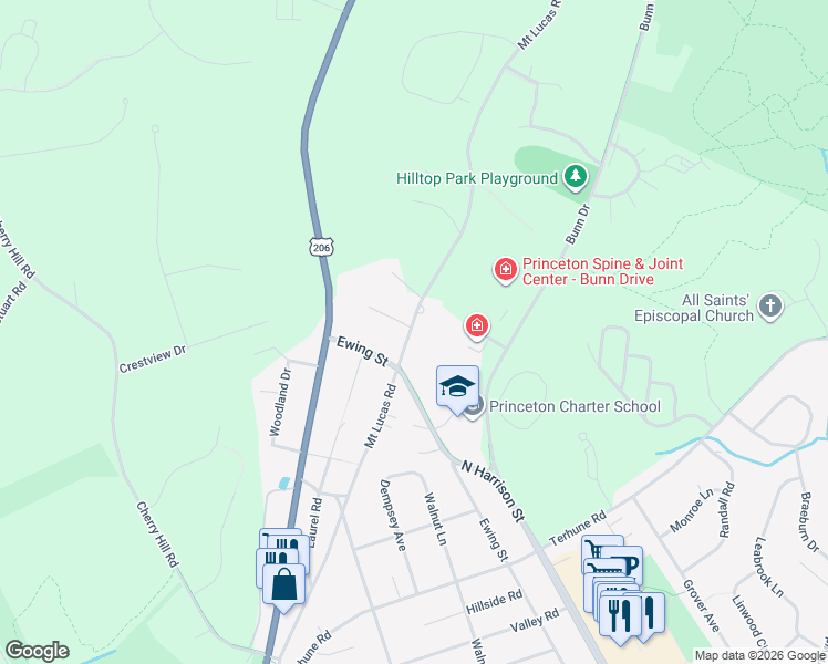 map of restaurants, bars, coffee shops, grocery stores, and more near 392 Mount Lucas Road in Princeton